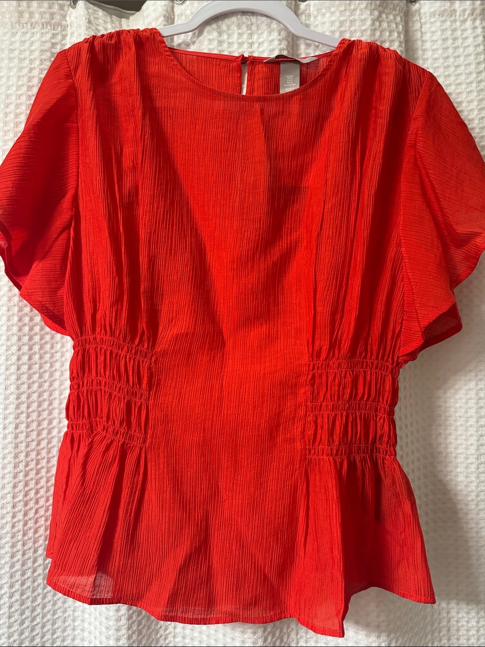 H&M Vibrant Red Short-Sleeve Smocked Waist Blouse